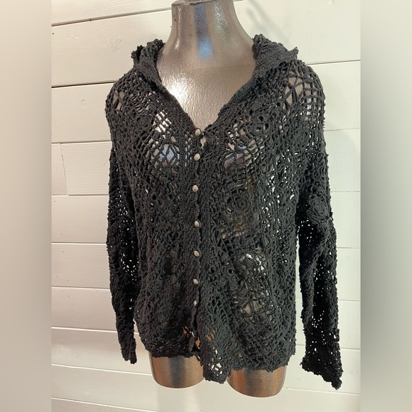 🖤 VINTAGE •IN-WEAR black crochet hoodie cardigan – Size S - Picture 3 of 10